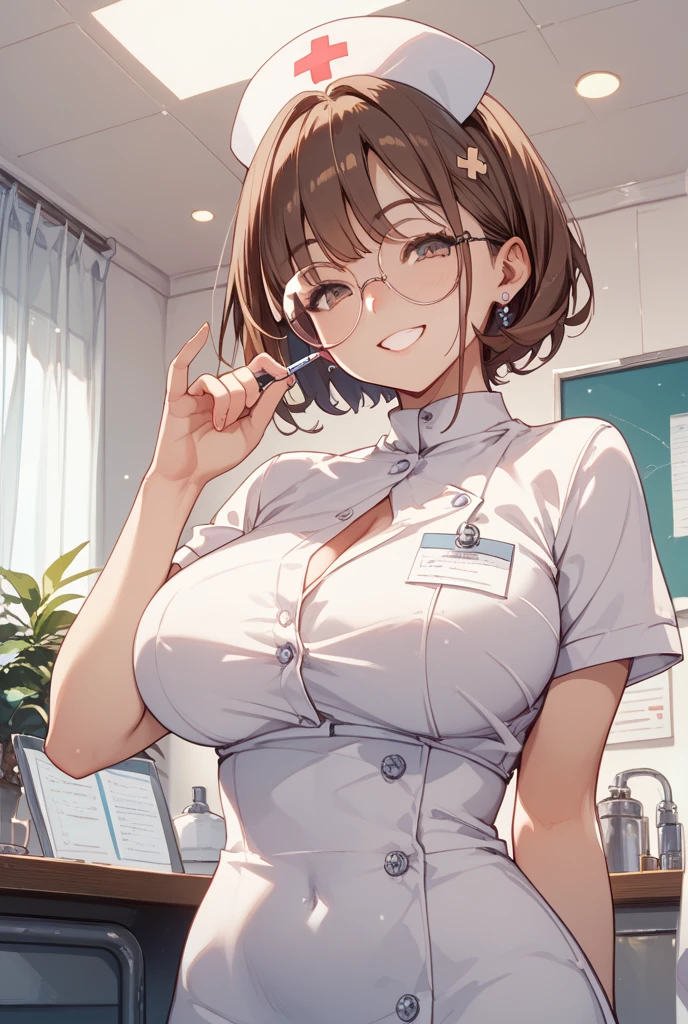 ((Tabletop, highest quality, High resolution, , Pixel perfect, 4K,))), 1 female doctor, single, alone, beauty、The whole body is visible、 ((Mid-wave hair, bangs, Brown Hair)), ((Brown eyes, Beautiful eyelashes, Realistic eyes)), ((Detailed face, Blushing:1.2)), ((Smooth texture:0.75, Realistic texture:0.65, Realistic:1.1, Anime CG Style)), Mid-chest, Dynamic Angle, Perfect body, (( , , Female doctor white coat、Black flared skirt、Chest))、、Very embarrassing panic smile, 、classroom、Sit on a chair、、、(Showing off her white and pink floral lace panties、)、Angle from below)、