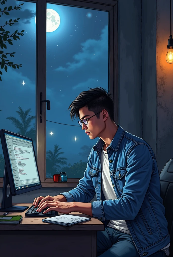 illustration that evoke stoicism men from 25 years old, shirtless, barefoot, strong, slim body Importance of Reason Style: Scientific realism, with a focus on detail and precision. Color palette: Cool, neutral tones (navy blue, gray, white) to convey clarity and objectivity. Expression: A concentrated and determined gaze, brow slightly furrowed in thought. Setting: A young strong handsomen cinnamon skin, typing on an orange laptop background you can see a see a window to see the jungle in the night, full moon, river, mountain rain, thonders
