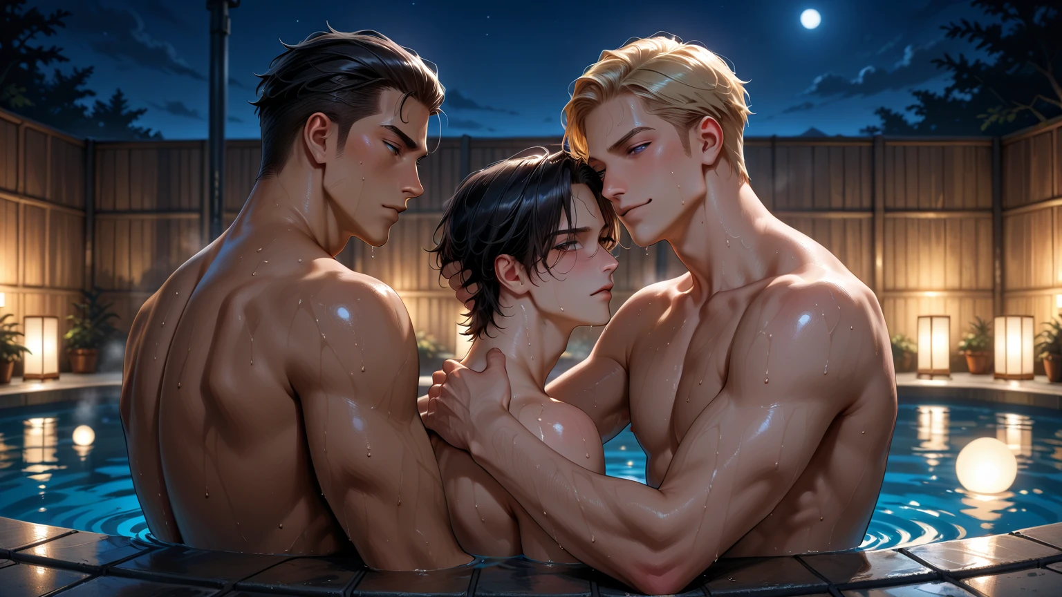 Superb, stunning, ultra high image quality, realistic, a 18 yo boy, (beautiful face 1.4), (big, constricted waist), short brown hair, pool, bokeh, beautiful light, shiny skin, small head, shirtless,