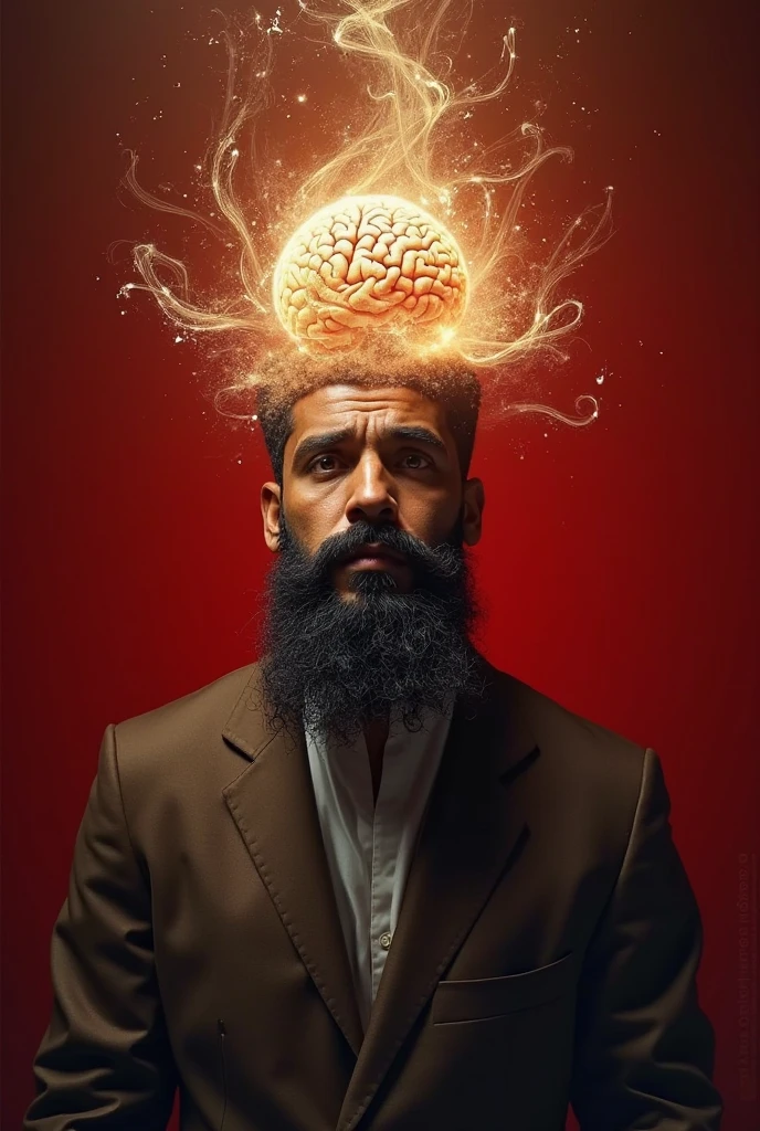 art handsome naked man with beard eats brain , black background with candles
