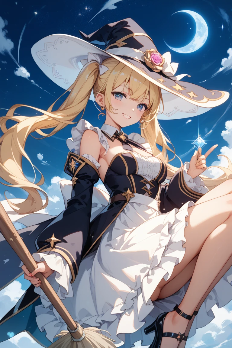 highest quality、best image quality、In 8K,4K,masterpiece、super detailed、beautiful、super high quality、nice,game CG,beautiful girl,five fingers,(cowboy shot),shrine maiden, blonde hair, blue eyes, long hair, hair between eyes,magic wand to grab,smile,Knee-high boots, dress, frills sleeves, frills, have, white hat, pelvic curtain, high heels, robe, thigh boots, white thighs, long sleeve, puffy sleeves,hair blowing in the wind、starry sky,Mysterious space,own hands clasped,light powder