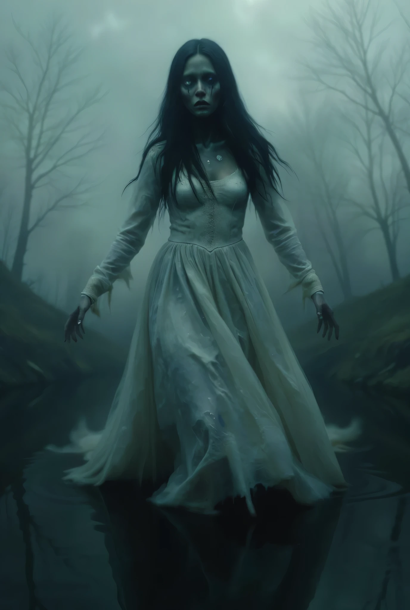 Specter of a woman dressed in white floating above a lake of Xochimilco, the crying woman, luminous whithe eyes, black hair, white dress, ghost, dark and dark landscape, fog, high resolution image, Ghost,