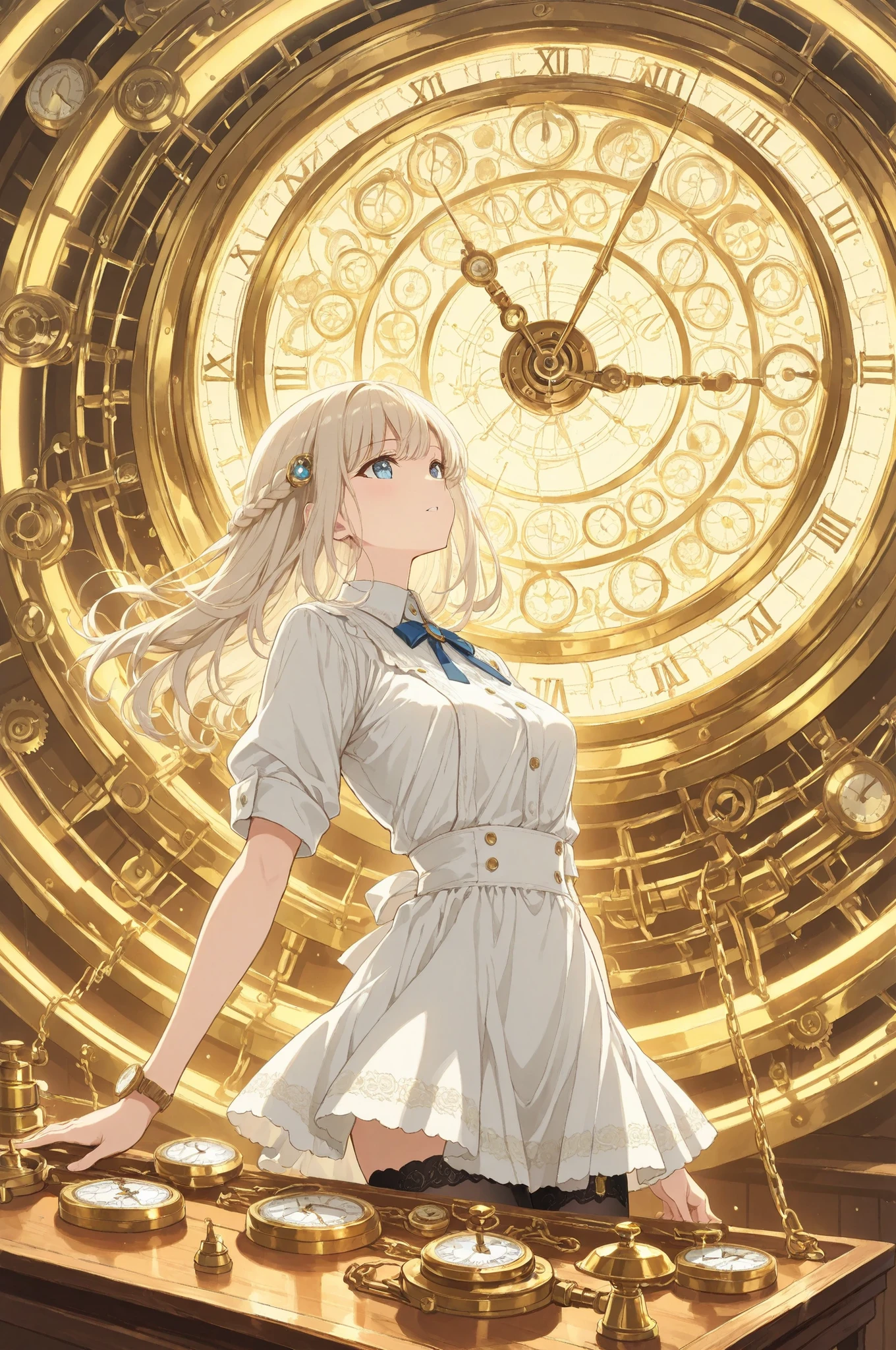 antique_timepiece_dissection_scene:
base: masterpiece, anime artwork, score_9_up, 1girl, 20yo Japanese woman, from an angle, upper body shot, detailed flat anime style
BREAK
hair: (platinum blonde hair:1.3), curly vintage-inspired styling with precision set curls, hair secured with antique brass clips
eyes: clockwork blue eyes with gear mechanism kaleidoscope patterns, mechanical precision reflected in iris details
expression: explosive joyful laughter with mechanical discovery euphoria, pure fascination with horological artistry, eyes wide with temporal understanding
BREAK
outfit: vintage horologist's apron over period-appropriate white blouse with mother-of-pearl buttons revealing cleavage, wool mini skirt with watch chain accessories, black silk stockings with clock pattern embroidery
BREAK
accessories: precision jeweler's loupe with multiple magnification levels, specialized clockwork tools with ivory handles, antique pocket watch components scattered artistically
BREAK
background: horological workshop filled with disassembled timepieces revealing intricate gear systems, grandfather clocks with exposed pendulum mechanisms, pocket watch movements displaying microscopic engravings, spring mechanisms coiled with mathematical precision, balance wheels suspended in delicate equilibrium, clockwork automatons in various stages of repair, horological reference books with technical diagrams, vintage timekeeping instruments from different eras, workshop benches covered with precision tools and mechanical components, oil lamps providing warm working light
BREAK
lighting: warm brass and gold reflecting lamp light creating temporal atmosphere, mechanical shadows cast by gear systems, vintage workshop ambiance with historical craftsmanship emphasis