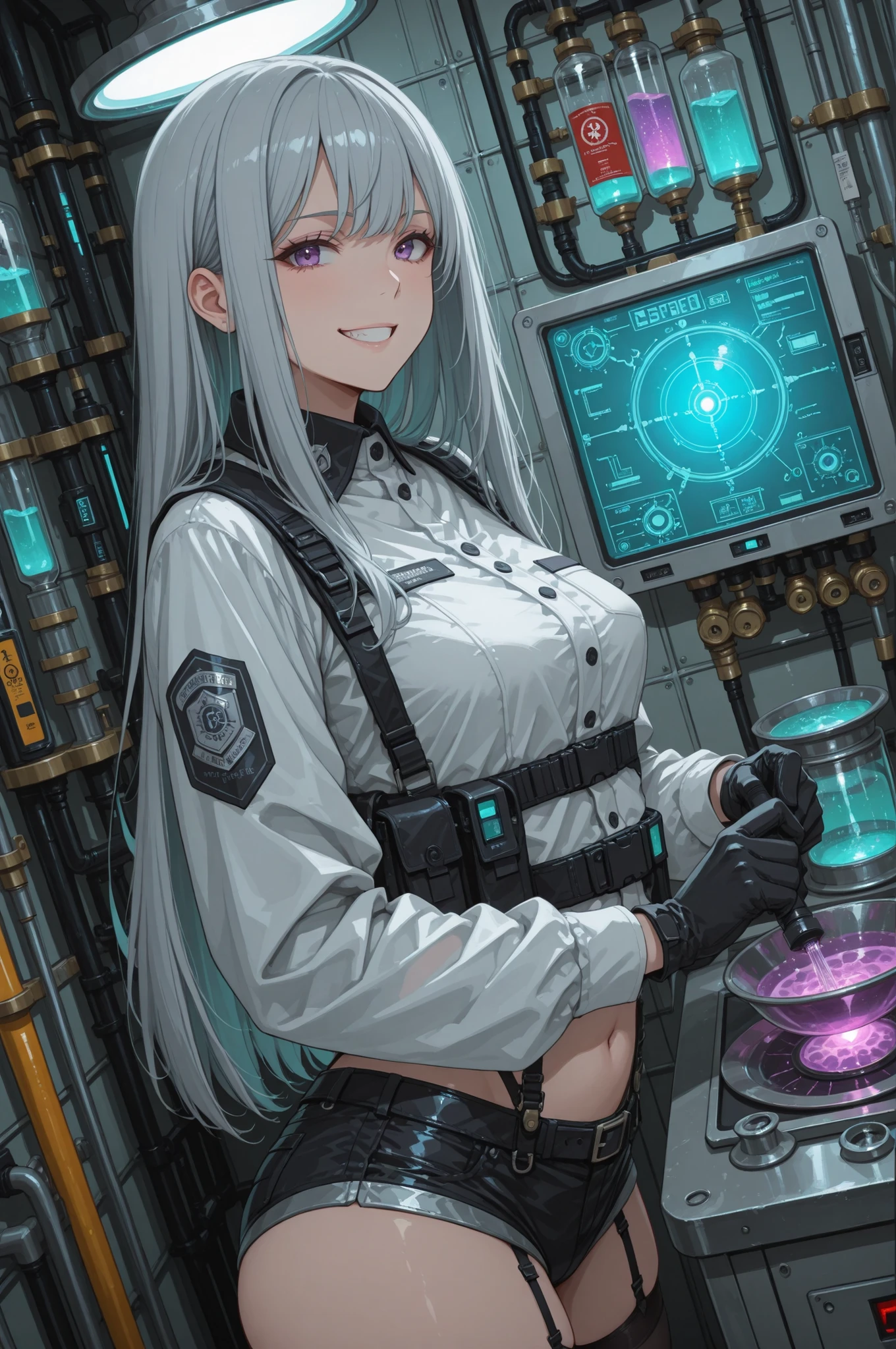toxic_mycology_laboratory_scene:
base: masterpiece, anime artwork, score_9_up, 1girl, 20yo Japanese woman, from an angle, upper body shot, detailed flat anime style
BREAK
hair: (silver gray hair:1.3), straight long hair with scientific precision styling, sterile laboratory cleanliness
eyes: violet purple eyes with spore pattern kaleidoscope designs, dangerous beauty reflecting mycological expertise
expression: mischievous sly grin with dangerous knowledge, scientist's satisfaction with lethal beauty discoveries
BREAK
outfit: hazmat laboratory coat with mycology division insignia, sterile gloves with chemical resistance, scientific shirt underneath with proper laboratory protocol, micro shorts for mobility, black bio-safe stockings
BREAK
accessories: microscopic slide preparation tools, chemical analysis equipment for toxin identification, specimen preservation systems for dangerous fungi
BREAK
background: advanced mycology laboratory with bio-containment chambers housing deadly mushroom species, microscope stations revealing cellular fungal structures, petri dishes containing colorful toxic mold cultures, chemical extraction equipment for poison isolation, taxonomic charts displaying lethal fungi classification, specialized air filtration systems preventing spore contamination, hazardous material storage with skull warning symbols, scientific documentation covering fungal toxicology research, emergency shower stations for contamination protocols, computer systems analyzing molecular fungal toxin structures
BREAK
lighting: sterile laboratory fluorescent lighting with UV sterilization systems, scientific precision illumination revealing microscopic details, clinical atmosphere emphasizing dangerous research protocols