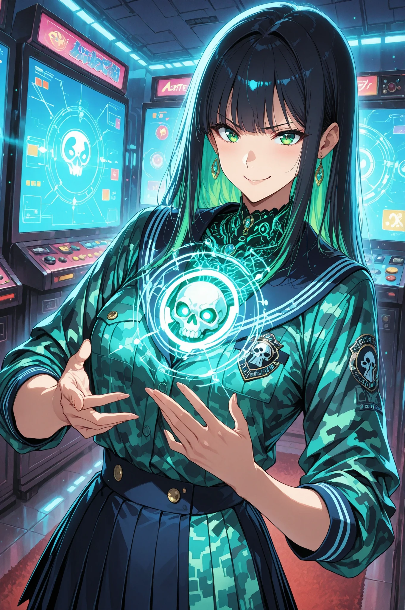 retro_arcade_challenger:
base:masterpiece, score_9_up, anime artwork, flat anime style, 1girl, 20yo Japanese woman, from an angle, upper body shot, visible cleavage
BREAK
hair:(black hair:1.2), perfectly straight long hime-cut hair, glossy sheen reflecting vibrant multicolored arcade lights
eyes:vibrant emerald green eyes, beautiful detailed eyes with glowing kaleidoscopic patterns, intricate iris with pulsating fractal designs and layered light reflection, pupils reflecting a fighting game screen
expression:a confident, challenging smirk, raising one eyebrow slightly, her intense gaze locked with the viewer
BREAK
outfit:a heavily customized sailor uniform with punk rock and techwear aesthetics, glossy black fabric covered in intricate, glowing neon green circuit board patterns, ripped sleeves with luminous trim, an animated pixelated skull emblem replaces the school crest, straining buttons on her chest reveal deep cleavage
BREAK
bottom:a pleated mini skirt of shimmering holographic material, displaying shifting, complex digital camouflage patterns that mesmerize the eye
BREAK
background:the chaotic, visually dense interior of a vintage Japanese arcade, packed rows of classic game cabinets with unique, highly detailed artwork, glowing joysticks and worn buttons, tangled nests of complex wiring snake across the floor and ceiling
BREAK
details:countless vibrant neon signs for fictional games cast multicolored reflections, a nearby screen shows a fighting game's explosive pixelated effects, the carpet is a dizzying pattern of neon geometric shapes
BREAK
lighting:dramatic, high-contrast cinematic lighting, noir atmosphere, harsh colorful light from arcade screens sculpts her features, intense neon glow casts saturated purple and green hues, powerful rim lighting outlines her silhouette, volumetric light beams with visible dust particles