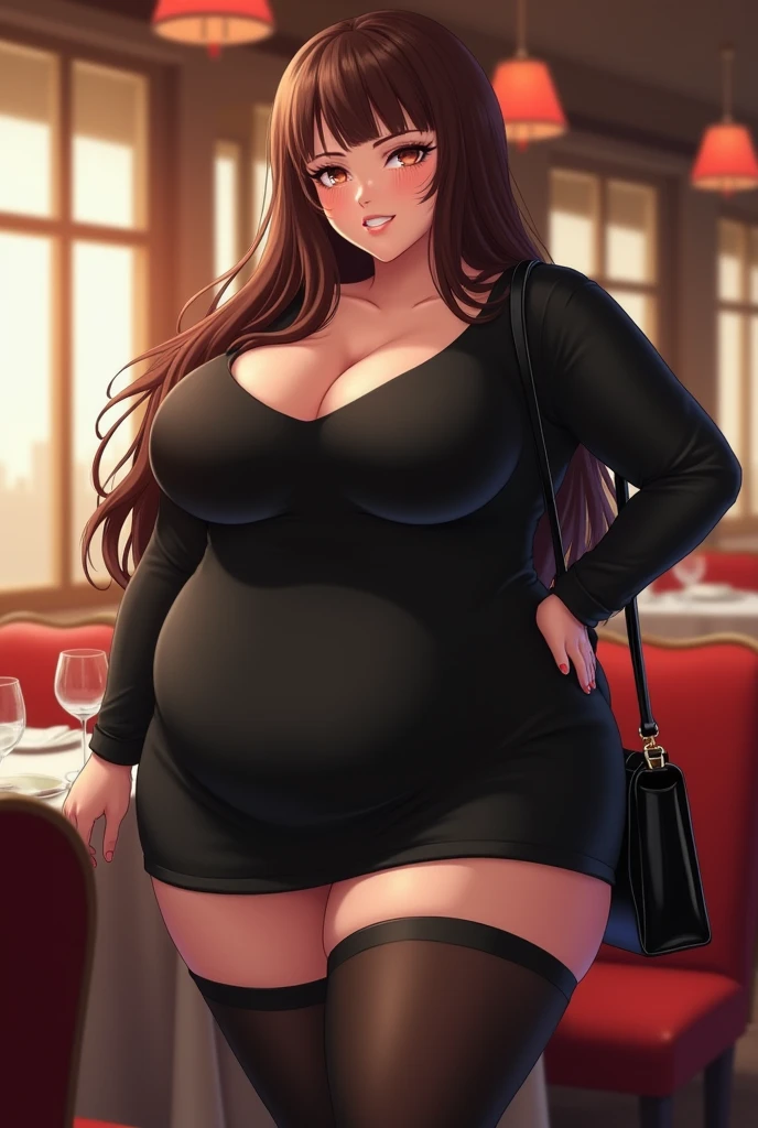 "Voluptuous and seductive brunette bombshell, weighing upwards of 10,000 pound, highly immobile sitting on a couch eating a party size buffet, extremely plump, big stomach, bloated, full body portrait of a short!, fullbody commission for, obese, body swelling about to explode, bloated, cell shaded!!! flaunting her curves in a stunning ensemble of sleek black leather capri pants, a button-up sweater that accentuates her assets, and teetering on toeless high heels."