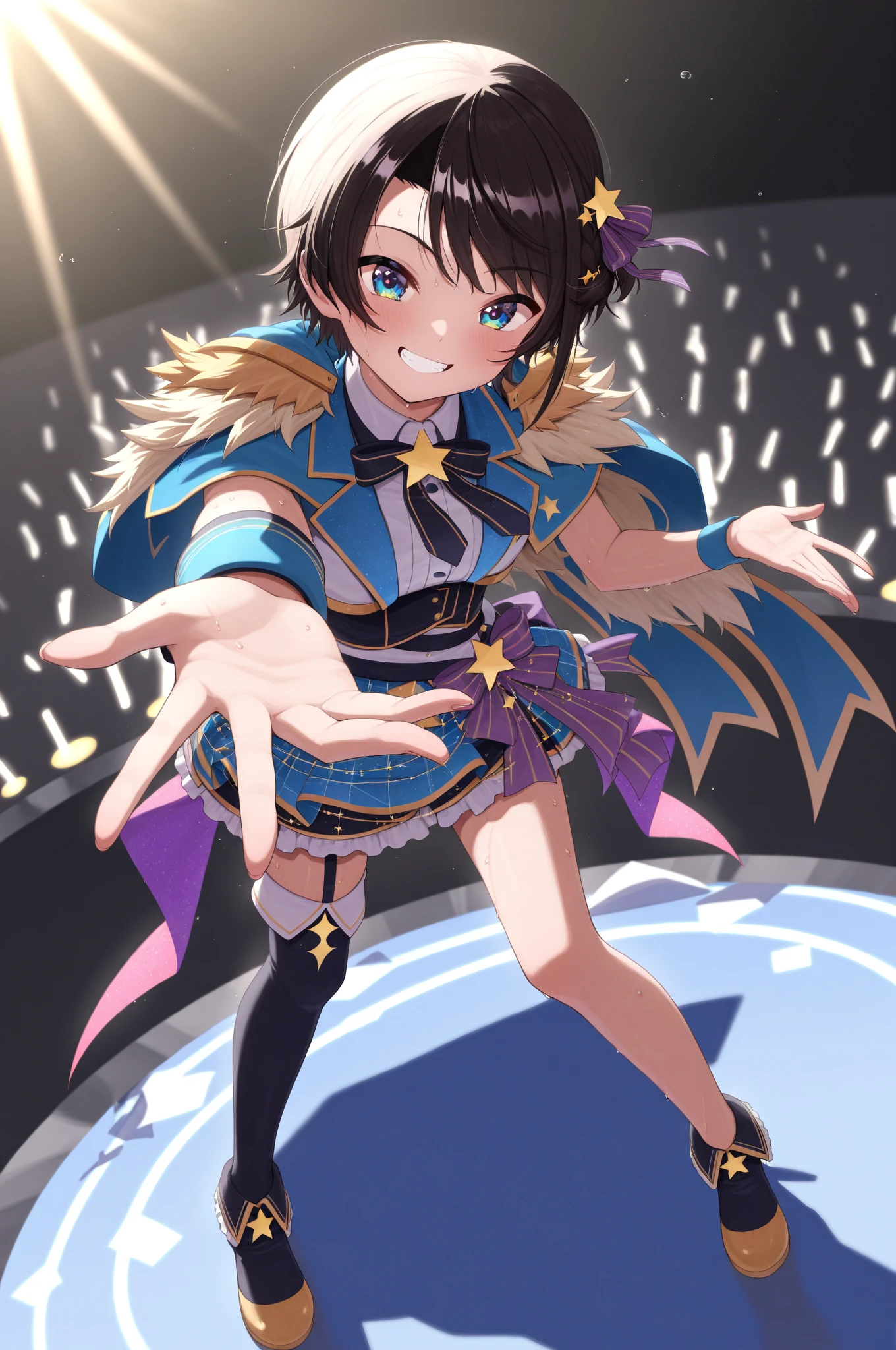 Highest quality、High resolution、Detailed Background、(Beautiful face in every detail:1.4)、Anatomically correct、(Normal number of fingers:1.2)、(Highly detailed face)、Detailed eyes、Teenage beauty、Perfect body line、Brightly colored hair、Braided bob cut、cute hairstyle、well-groomed eyebrows、Gorgeous stage、Cuteness and glamour、Idol-like atmosphere、A big smile、
A cosplay-style sailor uniform in vibrant colors、No sleeve、ribbon、Vibrant、Cute gestures、
(Two beautiful idol girls singing and dancing on stage:1.5)、
To rhythmic music、Perform a light dance、Sparkling and shining costumes、And a captivating performance that captivates the audience、
Their performances are truly dazzling as they capture the hearts of the audience.、The scene was filled with the sparkle and charm that only idols can have.、Idol Style、Attractive thighs、Show your side、Panty Shot、cute