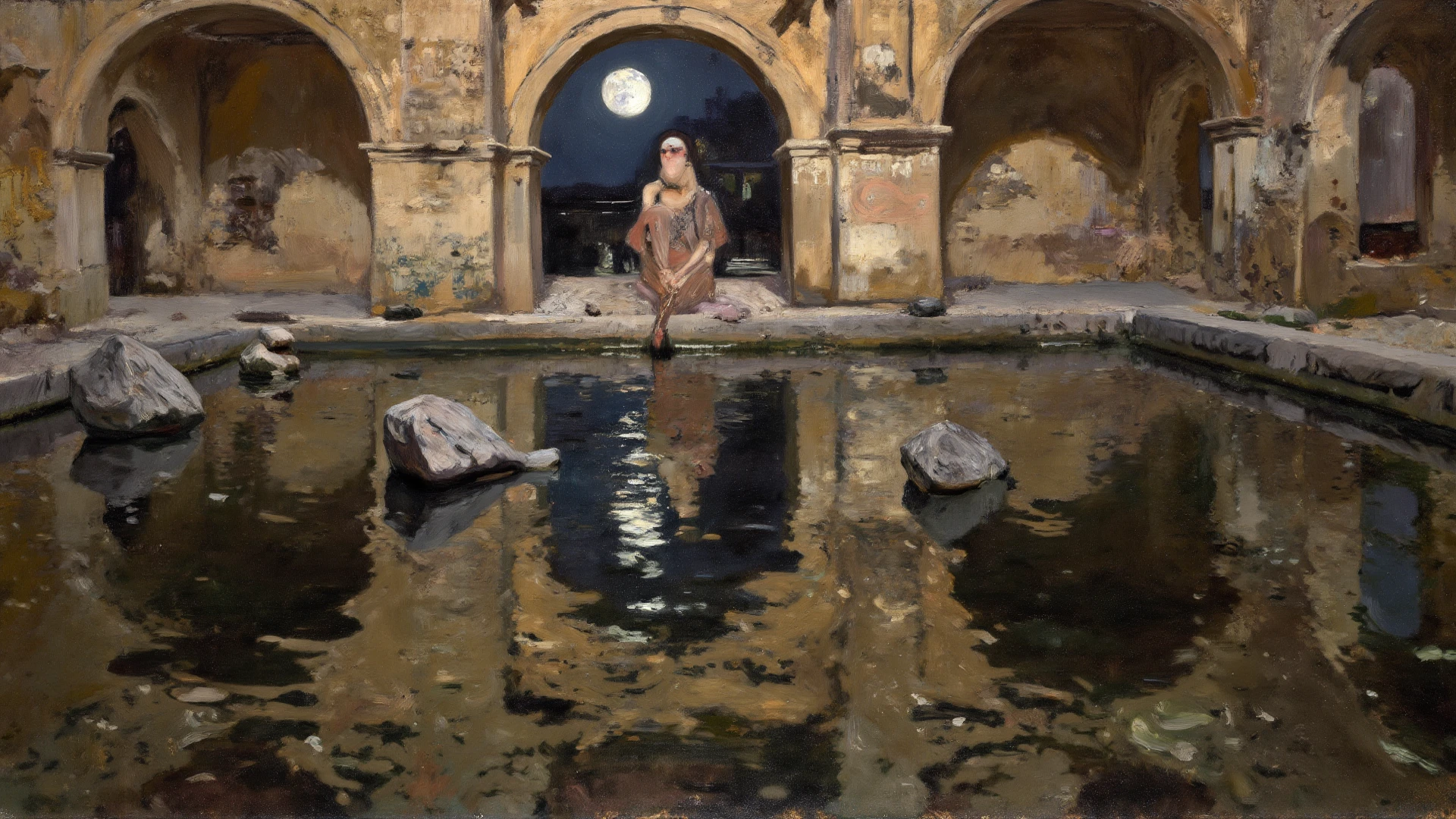 alone in the universe, Paint in watercolor style, Photorealism, discreet golden and ruby and mint shades, (nude) a gentle, modest thin girl of 14 years old with a very beautiful, exquisite face of the southern type with tender nipples walks barefoot in the distance (around the southern town) early morning (along the houses)