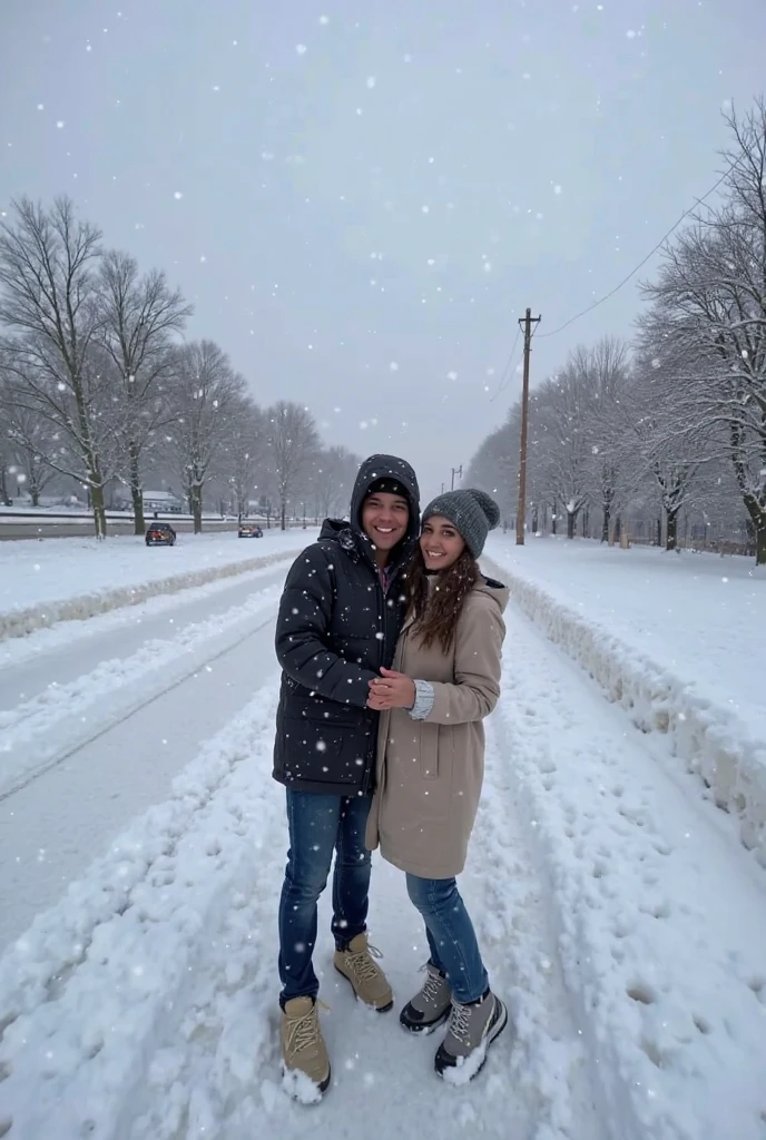 A young couple kissing on a snowy day Asian face teenage on the street Canon photography ultra-realistic masterpiece full body photo snowfalling