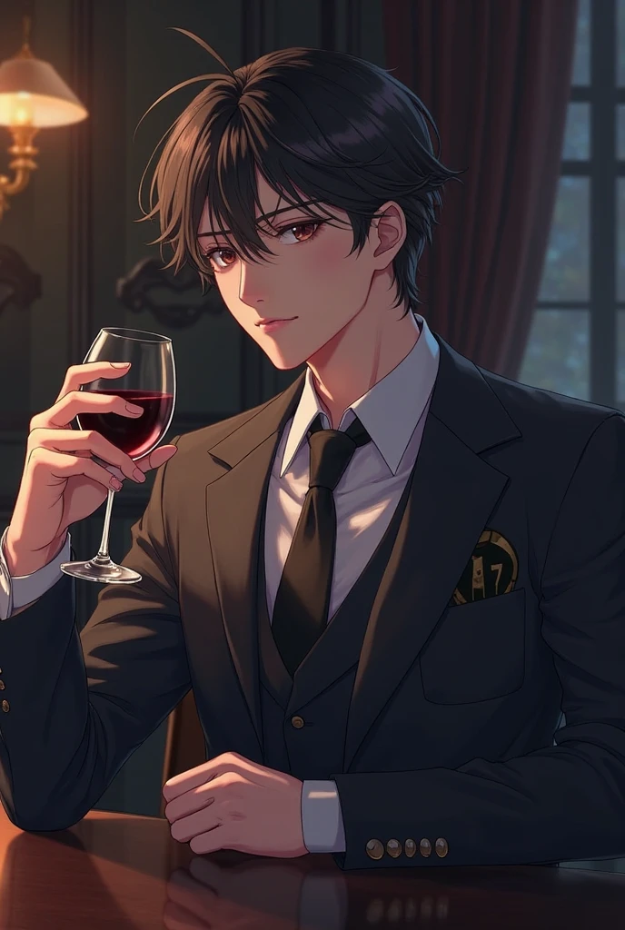 Manga Illustration,1. A black-haired bad boy in a suit sipping wine.