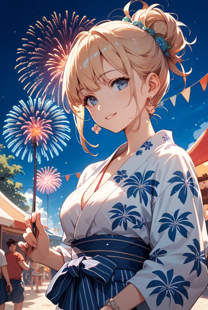 (masterpiece, best quality:1.2),1girl, (solo), Android 18 from Dragon Ball, ((floral print pink kimono)), medium breasts, blunt bangs, blonde short hair, (black eyes), earrings on earlobes, slim, slender feminine figure, skinny body, blush, magnificent view, blur background, 4K, open mouth, smile, Tokyo Tower, firework, arms open, cleavage,
