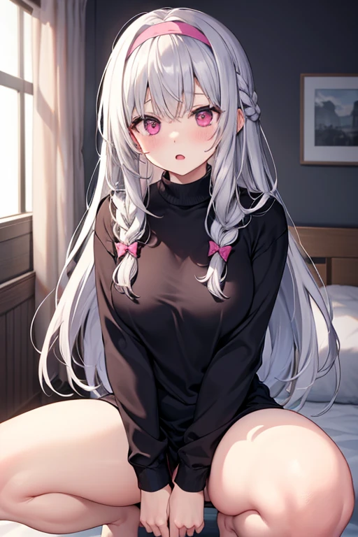 woman, Holo-Punk Style, perfect white hair, masterpiece, best quality, indoors,shy, grin, messy twintails, makeup, standing, posing, blush, black t-shirt, white striped sleeves, crawling, backwards, looking back