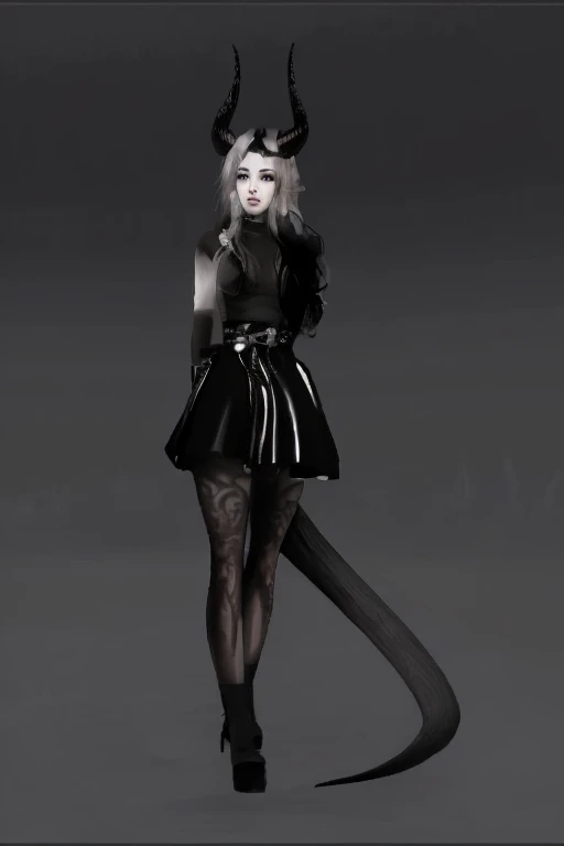 Black-skinned shapeshifter woman, with thin horns, completely black eyes, wearing an oversized long-sleeved shirt and large, comfortable pants, with a black lizard tail.