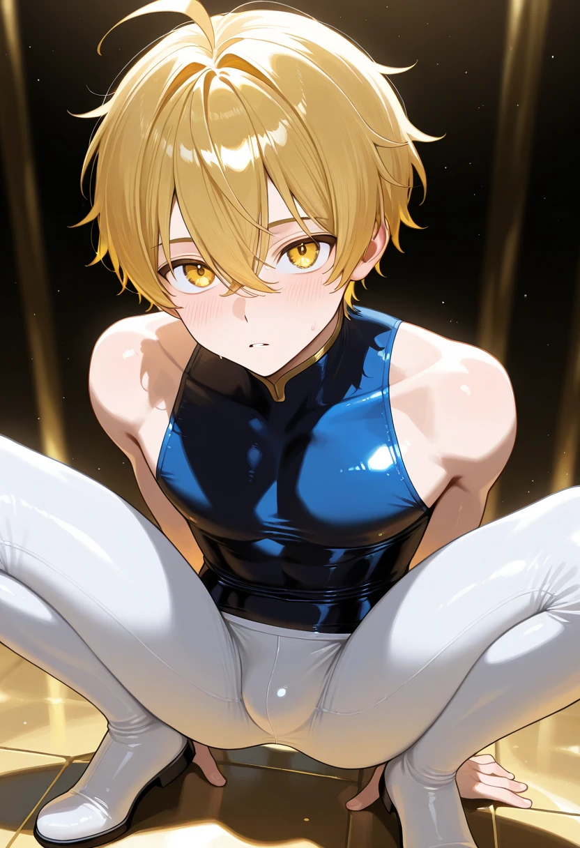 Anime boy in black leotard sitting on floor, solo, Anime boy in white tights sitting on the floor, Anime boy with blonde tied hair sitting on the floor, 最もstrong pose, elegant floating pose, wearing leotard, dramatic floating pose, anime pose, beautiful boy, beautiful men, relaxed pose, cool pose, Leotard figure, thin shoulder strap, strong pose, doing an elegant pose, cute face with arms and legs, full body pose, neutral pose, various poses
