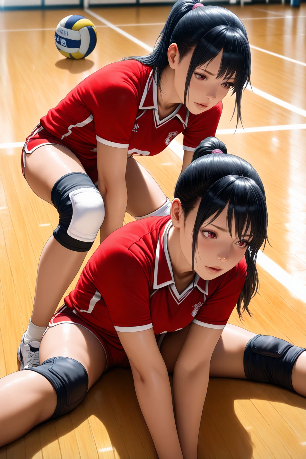 highest quality、In 8K、masterpiece、Hmph、超A high resolution、RAW Photos、(Photorealistic:1.3)、Natural soft light、(Depth of written boundary)、Slender、(whole body:1.2)、Side Shot、Detailed face and eyes、Realistic students、Sharp pupils、Inside the gym、(Dynamic action poses、play volleyball)、Beautiful Face、Beautiful 16 year old girl、Japanese doll girl、Glowing Skin、Bobcut、Beautiful black hair、Blunt bangs、Red Eye、(blush:0.7)、Sweat、Volleyball Uniforms、(Thighs Thighs Thighs Thighs:0.8)、