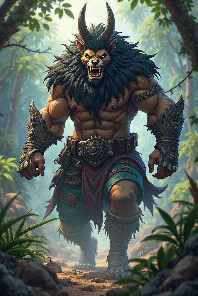 A muscular furry Leon man naked without clothes with fur of darker brown colors than that of a normal lion, which on the chest and neck is a darker beige color, y ojos con iris verde con una pupila oscura, ojos verdes, paleta de colores oscura, en la selva fondo de selva
