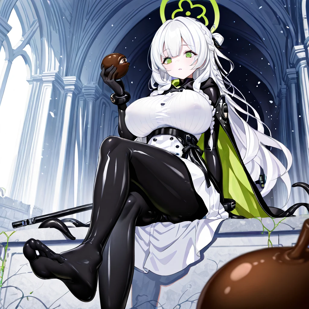 1 girl,alone, robot girl, humanoid robot,robot joints, orange eyes,long hair, (colored skin),huge breasts,tiara, jewelry, armored dress,gold trim, No sleeve,cape,background castle, (outdoor),garden,sitting, on the chair, holding a cup , table, light smile