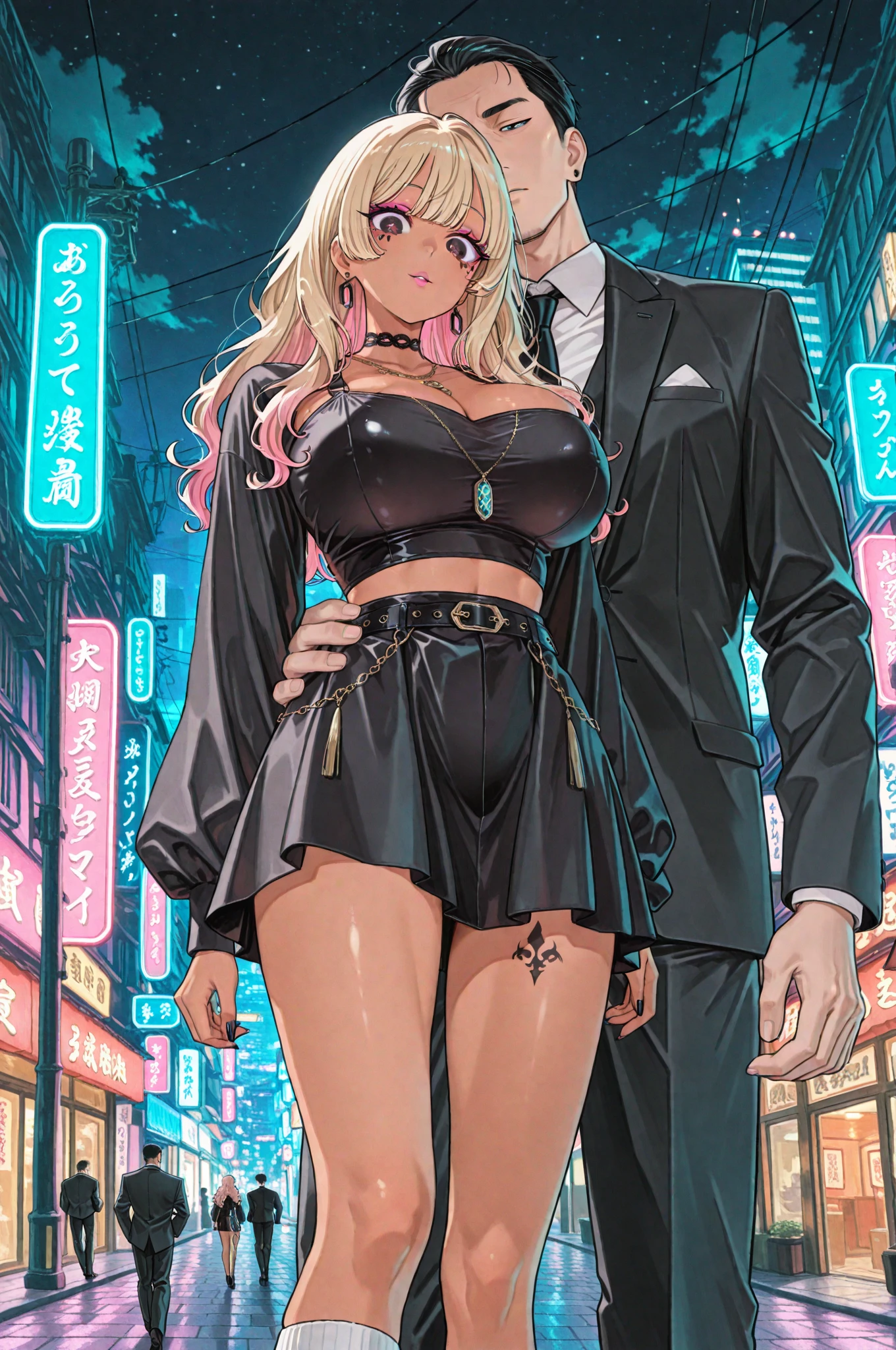 Score_9, score_8_up, score_7_up, rating:questionable, source_anime, GBOSER, 1girl, (skinny body), 1boy, couple, solo focus, silence suzuka \(umamusume\), (multicolored hair), blonde hair, white hairband, blunt bangs, green eyes, horse tail, arms behind back, (shiny skin), shiny reflective skin, slutty_clothes, gyaru, dark-skinned female, metallic tan, very dark skin, shiny oiled skin, makeup, pink eyeshadows, fat lips, pink lips, jewelry, silver slingshot swimsuit, miniskirt, silver glitter skirt, pencil skirt, fishnets, o-rings, chain-belt, fur coat, bare shoulders, areolae slip, looking down, Dismissive, Jeering, serious, v-shaped eyebows, looking at viewer, flat chest, dark areolae, covered nipple, collarbone, ribs, ilium, BREAK (1boy), shirt, faceless male, male face out of frame, size differrnce, breast grab, grabbing breast, grabbing from behind, arm over shoulder, midtown, tokyo, neon lights, night city, 