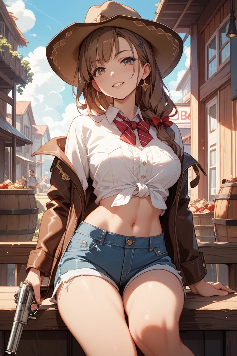 (((1 person:1.0))),(((Wear brown hot pants:1.0))),(((Brown short-sleeved T-shirt:1.0))),(((Wear a belt:1.0))),((Wearing a watch:1.0))),(((Showing cleavage))),(((Exposed thin inner thighs))),(((Small breasts:1.0))),(((Bare arms))),(((Put on your boots:1.0))),((Blushed:1.2)), Beautiful detailed girl, Very detailed目と顔, 緻密でBeautiful Eyes, Very detailed, High resolution, Highest quality, masterpiece, Very detailed, 8k wallpaper, wonderful, finely, Highest quality,(Standing in front of a wooden wall),Beautiful Eyes,((Engage your audience:1.0)),((Cowboy Shot:1.0))),((Front shot:1.2)),((Place your right hand on your chest:1.0)),((Drinking whiskey:1.0)),(((Drunk,Crying face:1.5))),(((Sit on a chair:1.0)))