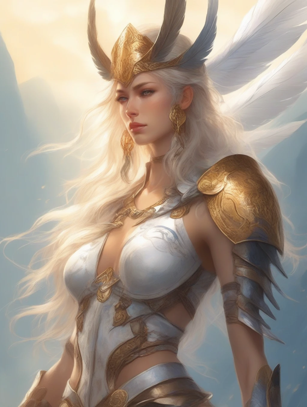 ((erotic art)), (((NSFW))), Nordic Valkyrie, long blonde hair. fierce blue eyes, full nude body, perfect medium tits, she is showing her perfect ass