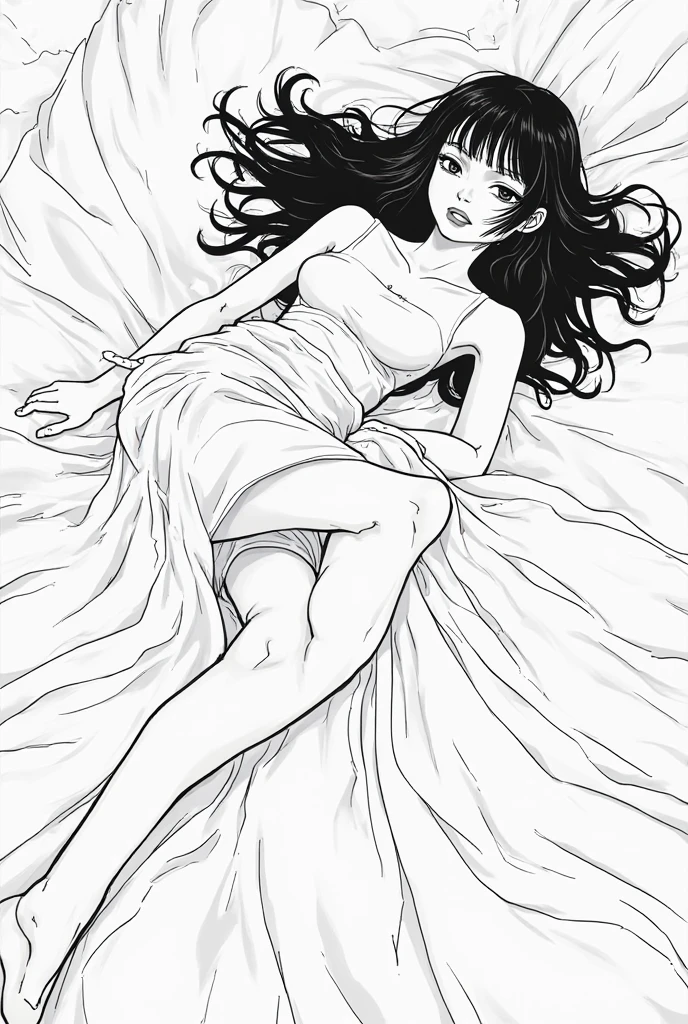 Uma mulher de cabelos negros lisos, deitada uma cama sem roupas, peitos pequenos e uma bunda grande, desenho estilo anime