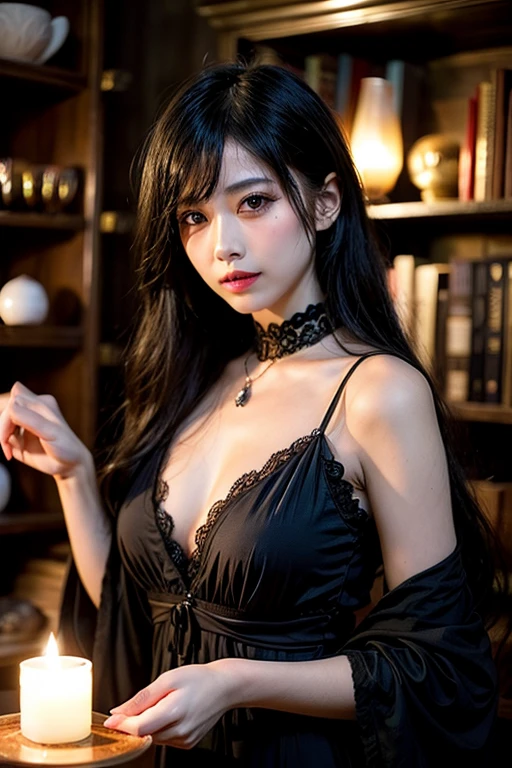 absurderes, masutepiece, Best Quality, nffsw, 1girl in, Mature Woman, (Sharp Focus), Villain's smile, medium breasts, (Hair on long black background), (grey  eyes), (Detailed eyes), Gothic lace costumes, Black and Red theme, Realism, Black_castle, Ultra-detailed, Vivid, Intricate details, Photorealistic