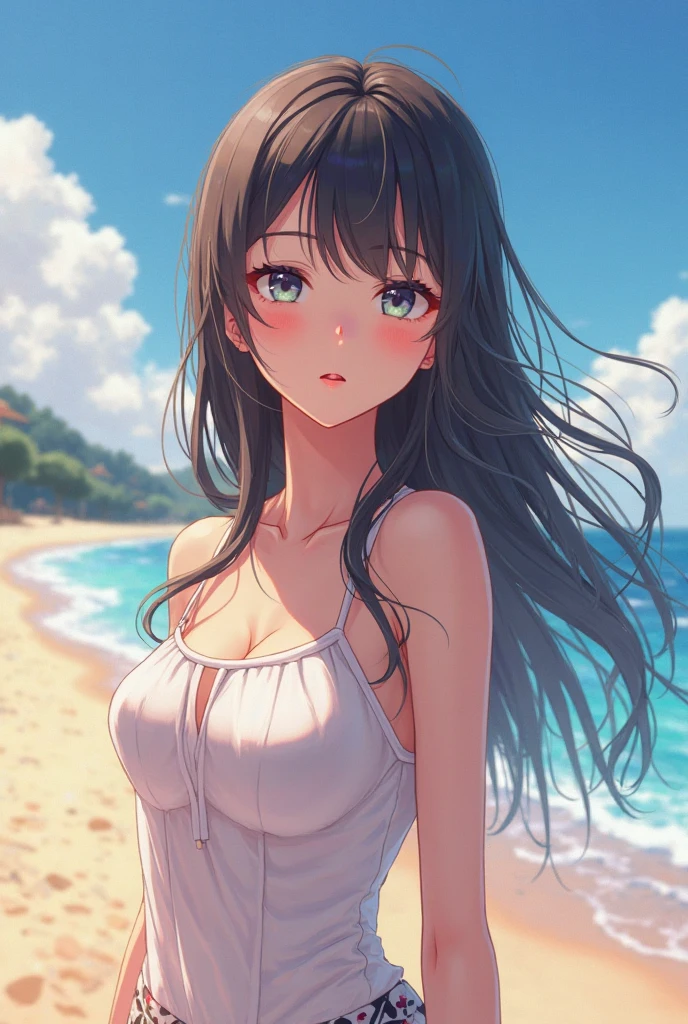 (This is a close-up shot of a young anime girl in a bikini on the beach:1.4),(solo:1.4),(1girl:1.4),(long brown hair:1.3),(blue eyes:1.2),(white bikini top:1.3),(white bikini bottom:1.2),(navel:1.1),(sitting on the beach:1.3),(palm trees in the background:1.2),(ocean in the background:1.2),(blue sky:1.1), (detailed face:1.3),(beautiful detailed eyes:1.3),(slightly parted lips:1.2),(shy embarrassed expression:1.3),(flushed cheeks:1.2),(slender body:1.2),(large breasts:1.3), (masterpiece:1.2),(best quality:1.3),(ultra high res:1.2),(photorealistic:1.1),