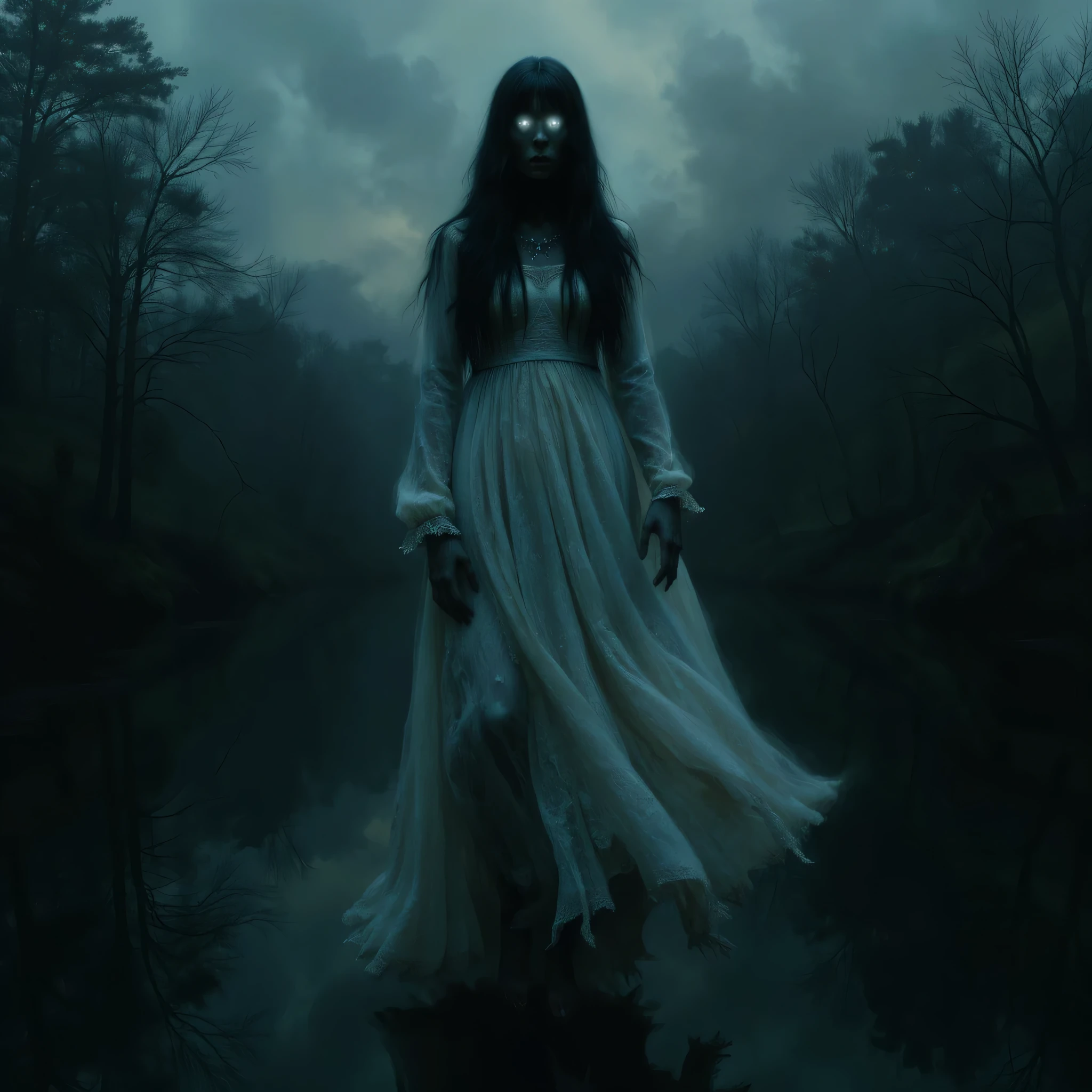 Specter of a woman dressed in white floating above a lake of Xochimilco, the crying woman, luminous whithe eyes, black hair, white dress, ghost, dark and dark landscape, dark night, fog, high resolution image, Ghost,