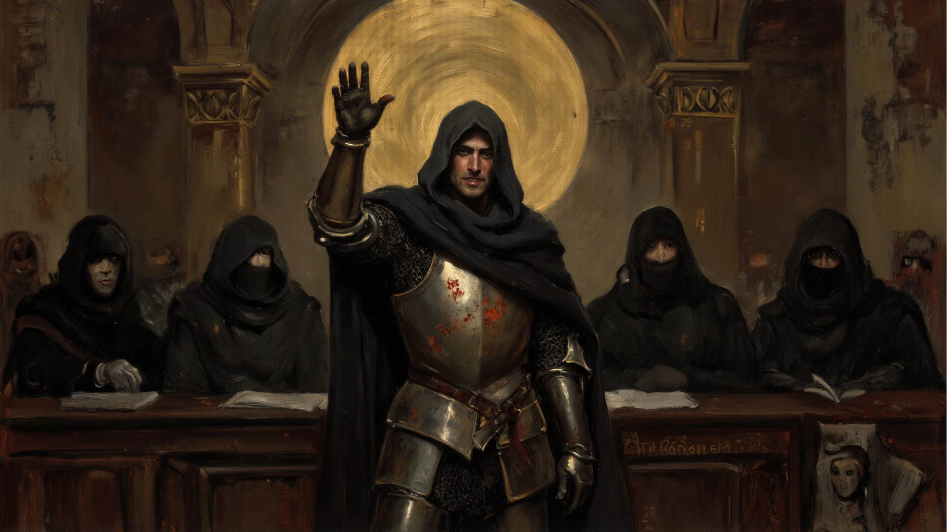 Human cultist male skirt, mouthpiece and tetacles on the abdomen, hooded head strong body, wearing black leather bracelets, concept art, jeff easly, gerald brom and larry elmore art. Wielding a ritualistic golden dagger adorned with jewelry, ad&d-style art, retro fantasy, antagonist at an altar inside torch-lit caves and surrounded by statues --auto --s2
