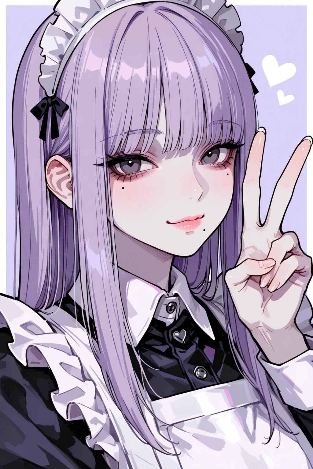 Silver hair, pink eyes, body, cat ears,  girl, earrings, heart background fantasy, uniform, hair bow