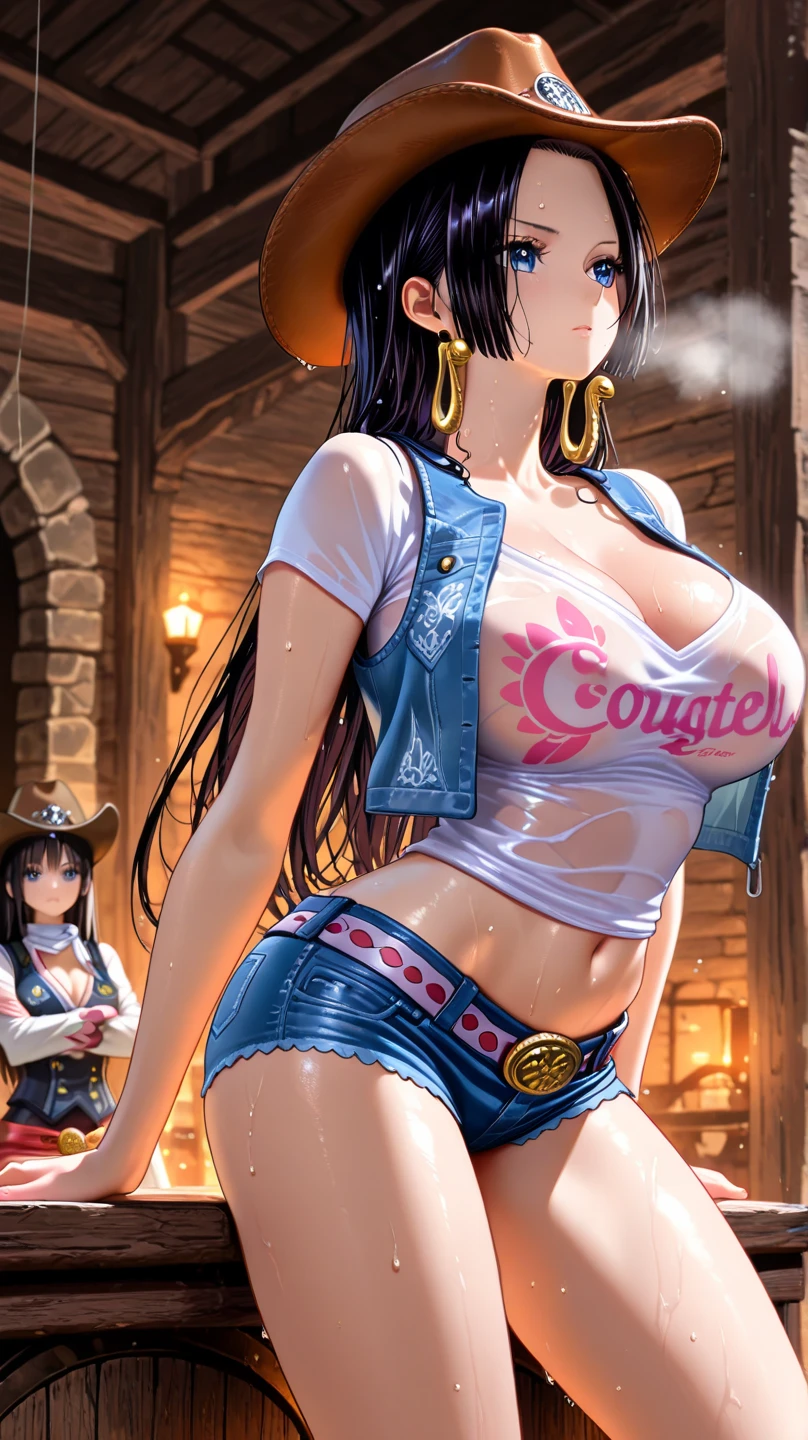 (((完美number,number,black t-shirts, Denim jacket, Denim shorts, (((Paint Hancock,Long black hair, Chiffon Hairstyles, forehead is a little wide,Smooth and flat, Deep blue eyes, Delicate eye corners, Almond-shaped eyes exude coldness., High and straight nose, The nose is small and delicate, Soft lips,No wrinkles. Gold snake-shaped earrings are worn under the ears.)))((masterpiece)),High resolution, ((Best quality at best)),masterpiece,quality,Best quality,((( Exquisite facial features,Looking at the audience,There is light in the eyes,Happy,lol))),型number:1.7))),(((Interweaving light and shadow,Huge breasts))),(((Looking into the camera,Black background,bend over)))