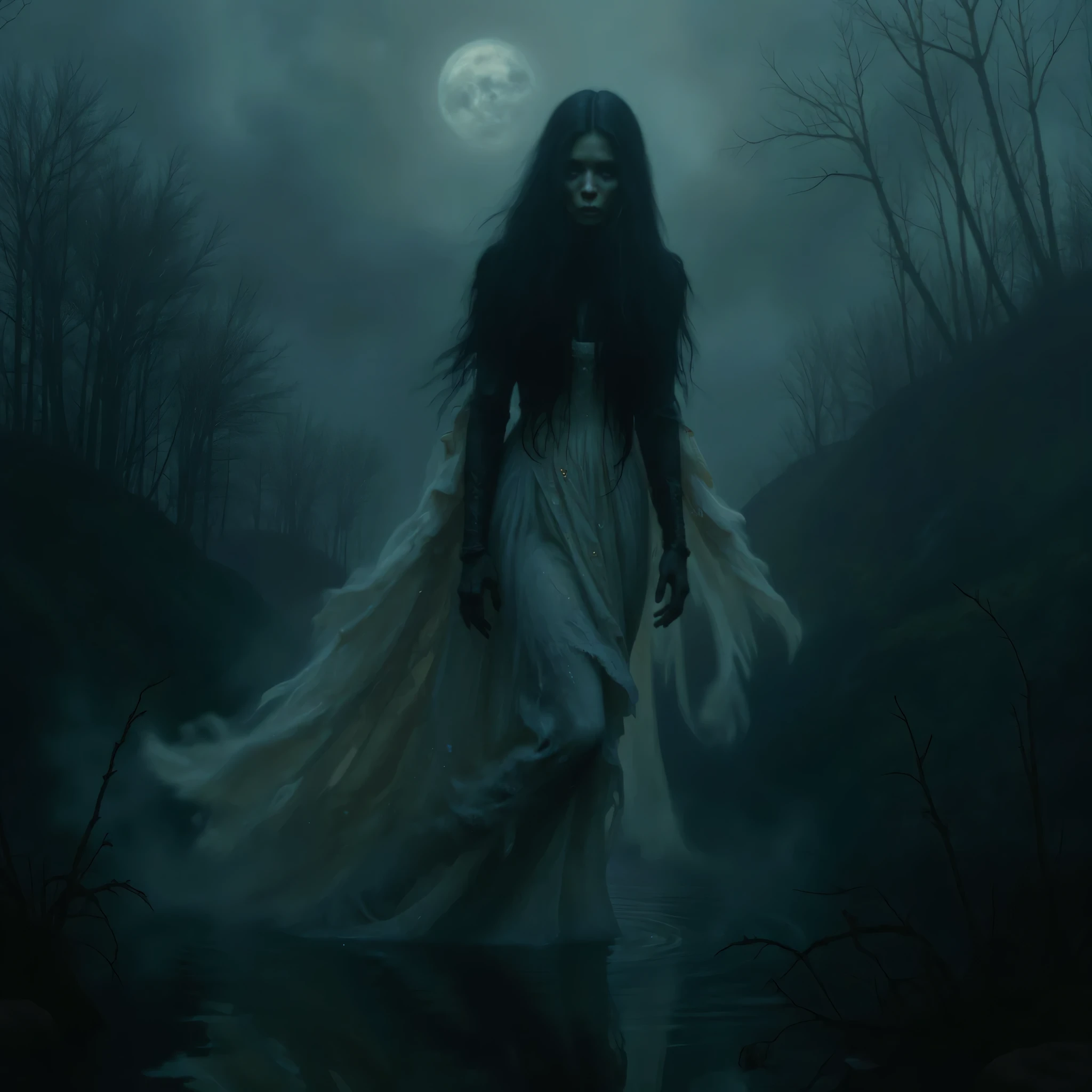 Specter of a woman dressed in white floating above a lake of Xochimilco, the crying woman, luminous whithe eyes, black hair, white dress, ghost, dark and dark landscape, dark night, fog, high resolution image, Ghost,