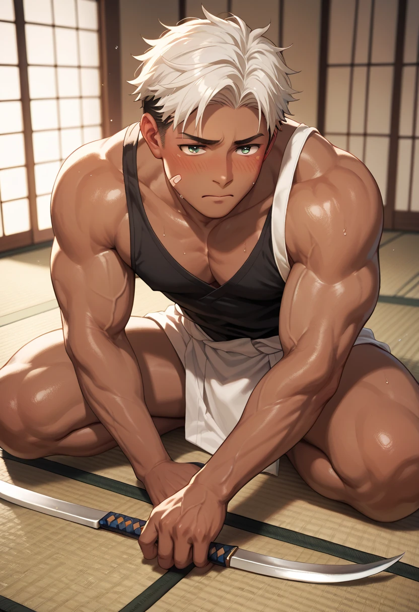 1 boy，20-year-old，good looking，muscle tissue，sexy and excited，KHD， master piece，8K，White loincloth only，naked，Topless，naked lower body，huge bulge，sexy pose，tremble，full body figure