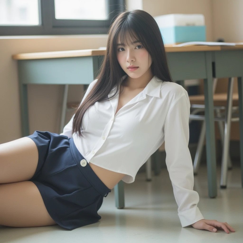 (1 girl), (sexy look:1.5), (flat chest:1.3), (very detailed目, very detailed顔), (超realistic, High resolution), (highest quality:1.4), (hyper quality), real skin texture, RAW photo, (realistic, Photoreal:1.37), very detailed, professional photography, (school uniform, pleated skirt:1.3), (look at me), (School, classroom), ((Face to face with me:1.4)), (from below:1.3), realistic private parts, lace panties, Japanese high school girl、超highest quality、masterpiece、超High resolution、written boundary depth、(Photoreal:1.4)、(award winning photos、信じられないほどのmasterpiece:1.3) 、RAW photography、golden ratio、Highly detailed CG Unity 8k wallpaper、detailed and complex、original、High resolution、RAW photo、(perfect body shape)、detailed and complex、Digital single-lens reflex camera、soft writing、(background person blur:1.1)、Sigma 85mmF/1.4、50mm Lenac lighting、nffsw、hyper real、color grade, Rear view,from below:1.3), (((Holding the hem of her skirt, she opens her legs and shows off her real pussy.:1.4))), (vagina)、spread legs、Lying down、On your back、penis、cum in pussy、(focus on girl)