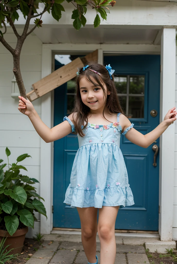 7 year old girl, brown hair, wearing a blue cute lace dress, in a backyard garden