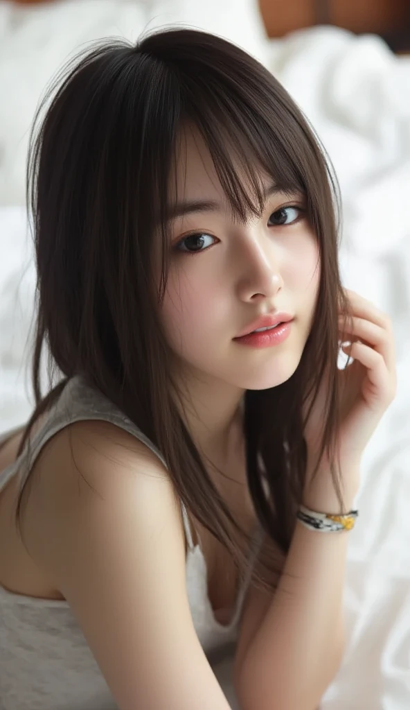((Realistic lighting, Best quality, 8K, Masterpiece: 1.3)), Clear focus: 1.2, 1girl, Perfect beauty: 1.4, Slim abs: 1.1, ((dark brown hair, Big breasts: 1.2)), (Wearing ultra-thin white sheer lace wedding dress: 1.4, black full-leg stockings: 1.2,), (Outdoor, night: 1.1), City streets, ultra-fine face, fine eyes, double eyelids, hands on the head, lying on the bed all over,