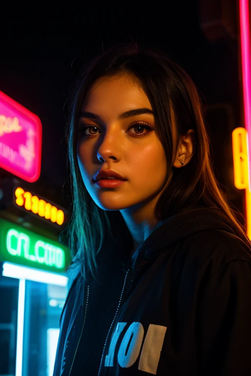 HD, high quality, city, analogic, film, nocturn, neon, lights, sexy female model, perfect face, fog, black and purple lighting