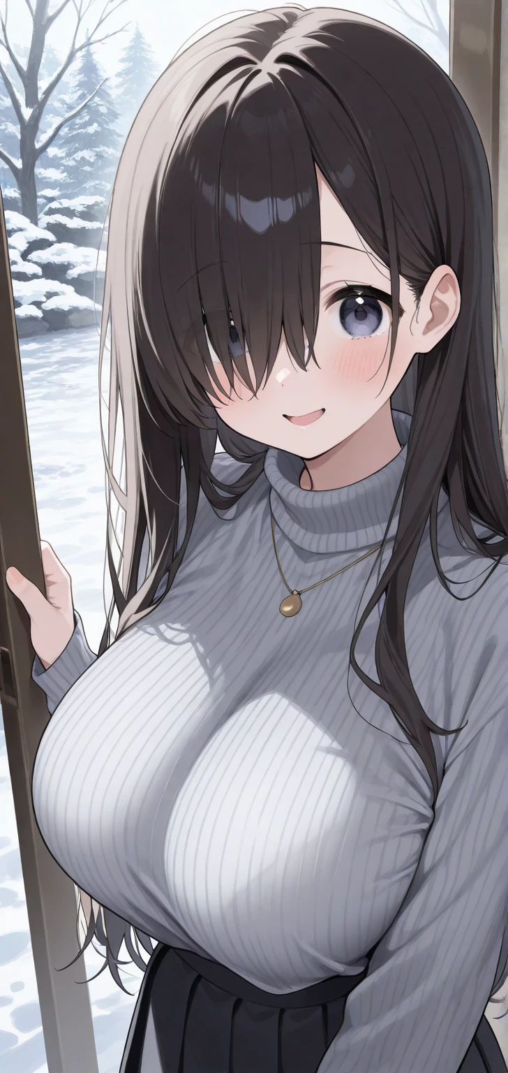 shiba miyuki, Black Hair, blue eyes, Long Hair, hair ornaments, Blunt bangs first, high, large breasts , , empty eyes , large breasts, nipple, Running, , Heavy snowfall area frozen wet crying mountain Alone, Smile, crying, Naked