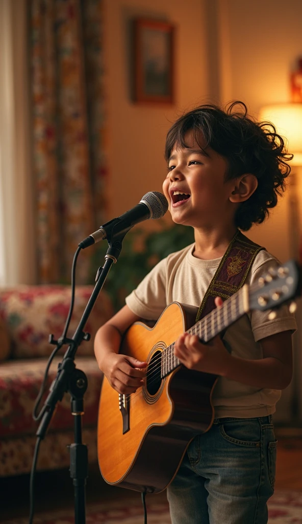 a child girl inside the house playing guitar sitting on the couch of her house wearing a funky outfit highly detailed soft lighting,