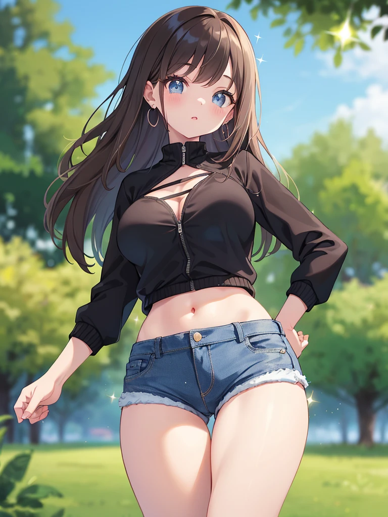 realistic image, detailed image, coherent image, 1 beautiful girl, she has very long hair, black hair, brown eyes, smiling expression. She is wearing a small t-shirt, with a long-sleeved sweatshirt, showing her navel, ripped shorts, sneakers, She has a curvy body, medium breasts and thick thighs, She is walking on a path surrounded by trees and flowers, inside a park, arching her back, hands hidden behind her back, sprouting her breasts, sunny day, Soft focus, full body view, Dramatic shadows, Volumetric lighting, natural lighting,