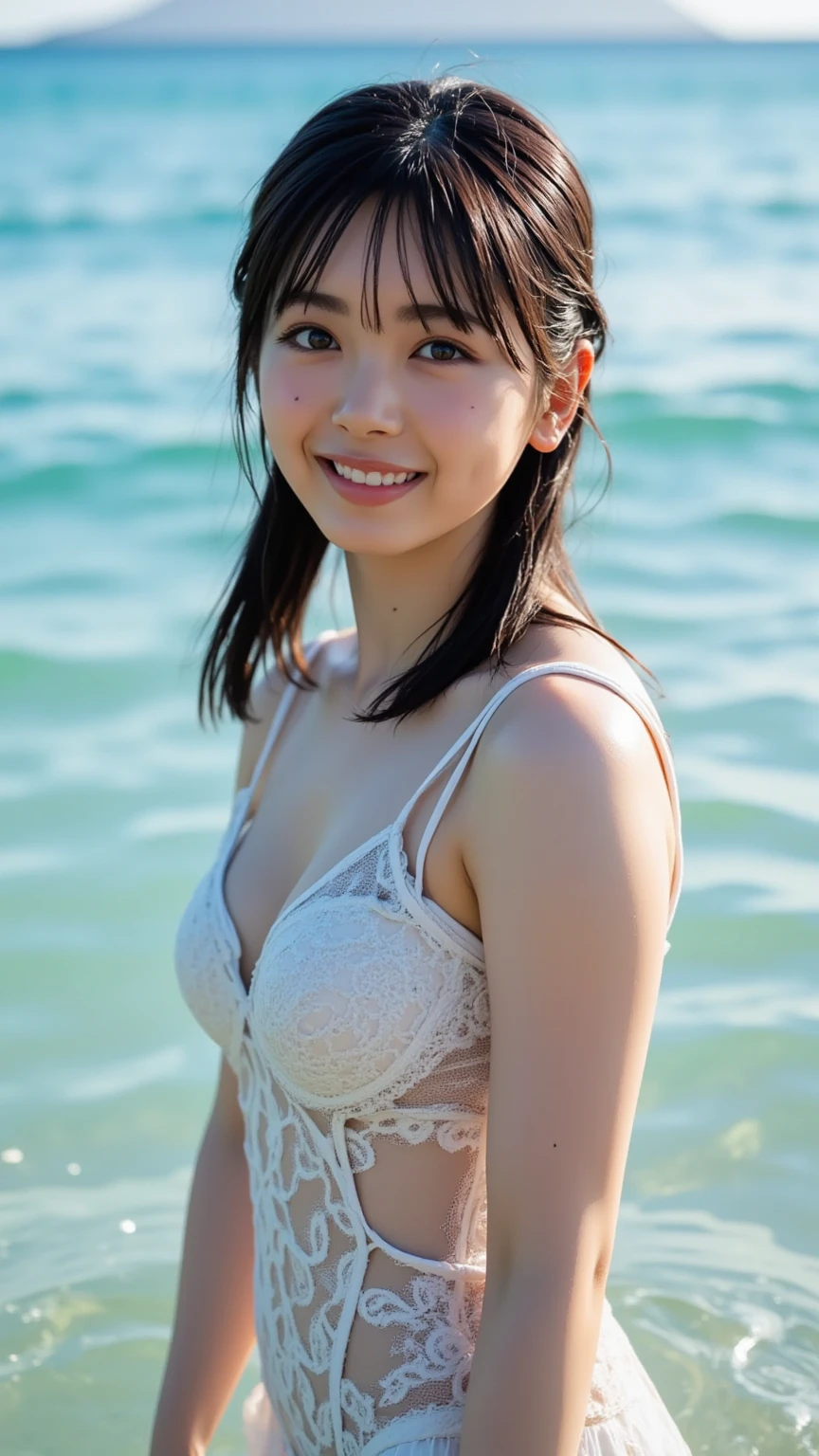 realistic portrait, detailed eyes, detailed face, white bikini, smile for camera, dynamic pose in beach, blue ocean, white sand , blue sky, palm trees, facing camera