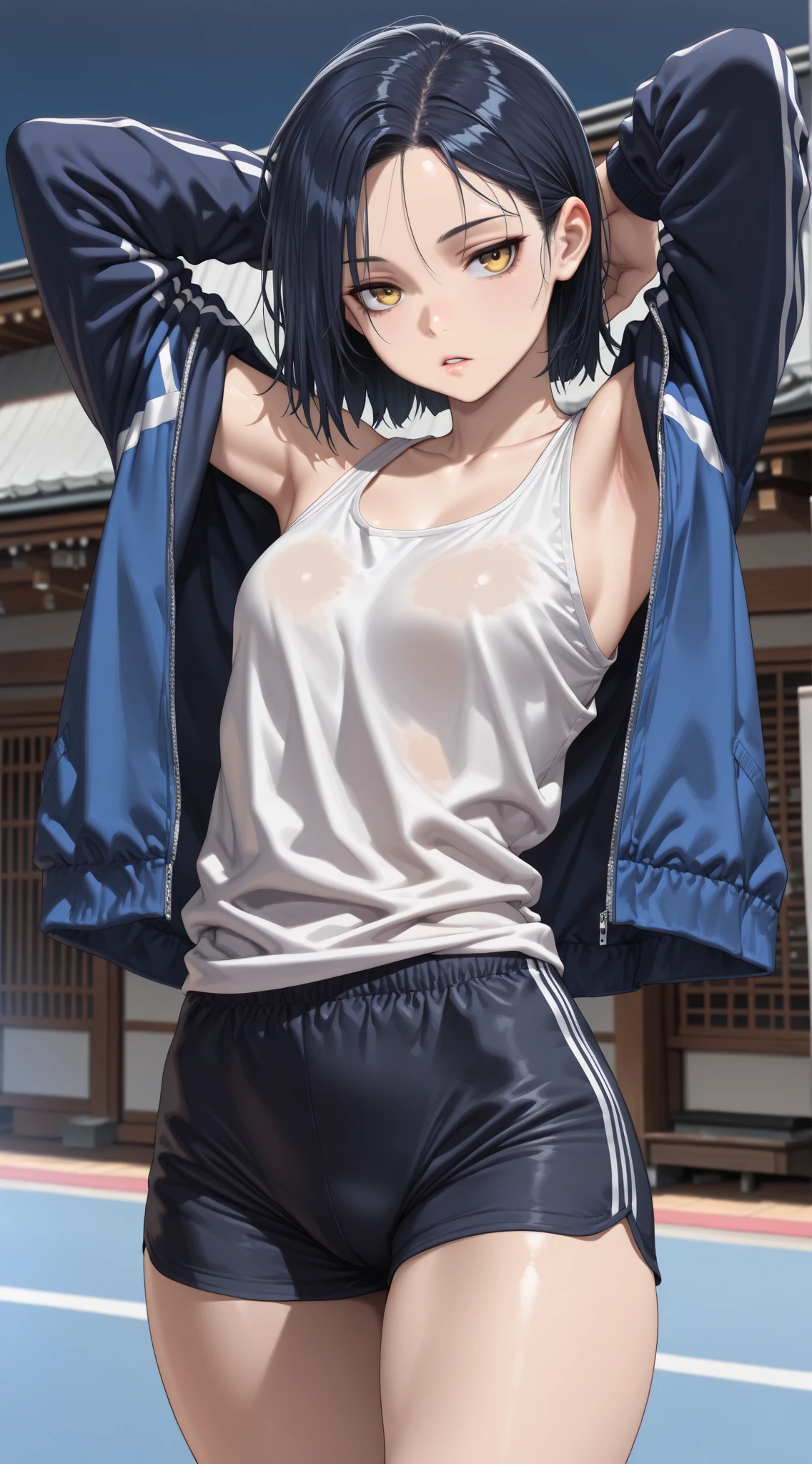 Cute Japanese high school girl fighter with short-cut black hair, drenched in sweat and covered in scars. She is fighting a lot of rogue students in a back alley. Out of breath with one eye closed. Small breasts. Torn student uniform. She has been punched by a lot of rogue students.
