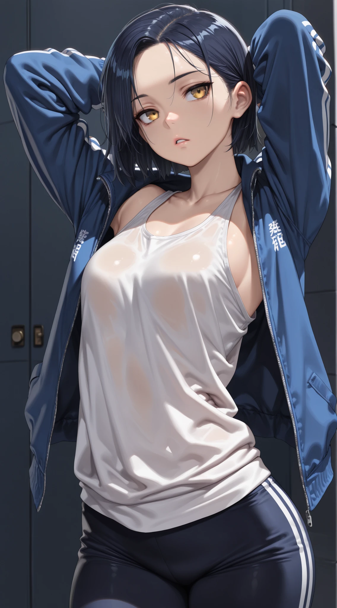 ((best quality)), ((masterpiece)), ((detailed)), (((perfect face))), (((18yo teen girl))), (((medium breasts))), (((spandex shorts)))), ((dark brown hair)), ((short ponytail)), (((blue eyes))), (((shy:1.2))), (((blushing:1.5))), (((bare arms))), (((bare shoulders))), (((bare stomach))), (((bare thighs))), (((exterior sports courts))), ((standing)), (((girl looking away))), (((wearing blue sneakers))), (((((topless))))), (((((bare chest)))))