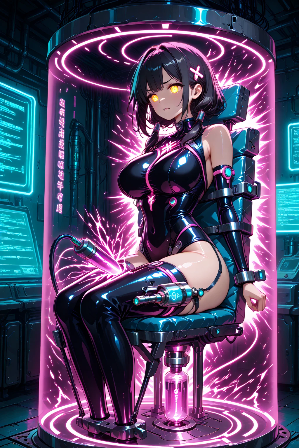 (akiyama rinko、Slender woman), Purple transparent bodysuit with emphasis on body lines, Female Solo, Full body bodysuit, Sit on a sparkling pink pipe, Mechanical chair, Plump breasts, exposed lower chest, torpedo boobs, Hart Nipples, Blue-purple hair, Ponytail, The long-haired, straight haired, Tattoo of the lower abdomen, Thin laughter, Eyes glow purple, Taimanin suit, Put one hand on your crotch, Open your crotch, headphones, chastity belt, Futuristic and inorganic background, hairs between eyes 、Chain tied to the wrist,