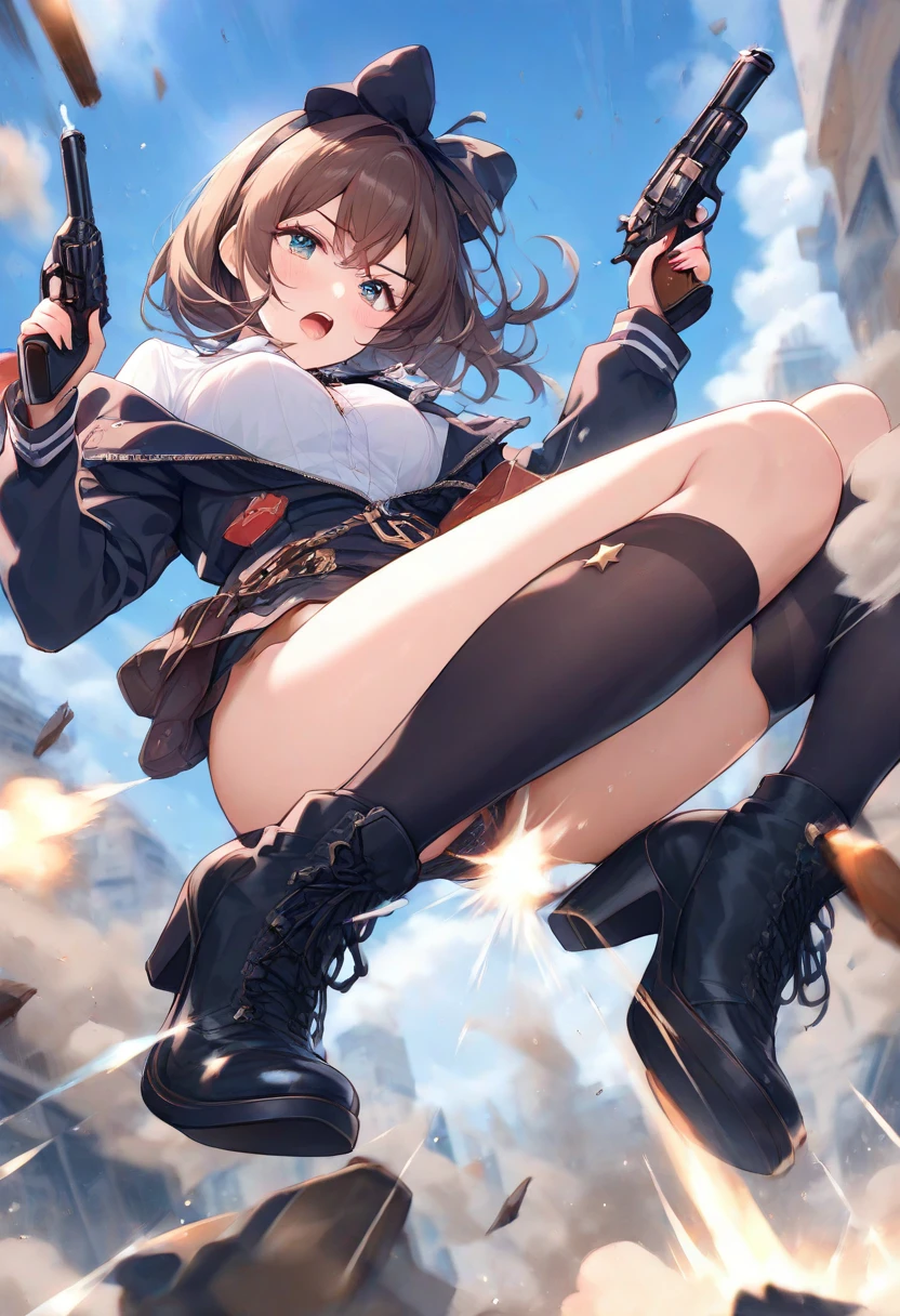 masterpiece、highest quality、Ultra-high resolution、Maximum resolution、Very detailed、Professional Lighting、anime、woman、thin、so beautiful、Sexy Suit、Mini tight skirt、Garter Stockings、High heels,Has an assault rifle、Grey Eyes、Brown Hair、long hair、Fingerless Gloves、Beautiful eyes、Pink Lips、Gloss Lip、Alone on the battlefield、A spectacular attack