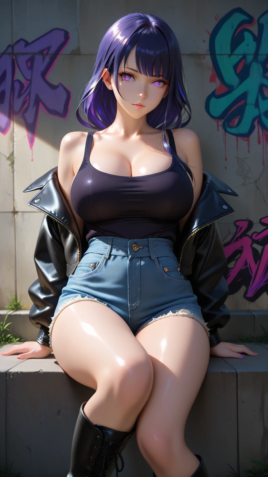 (Top Quality, Masterpiece: 1.1), (Realistic: 1.4), 1girl, (Big: 1.5), (Thick Thighs: 1.1), Purple Hair, Kneeling