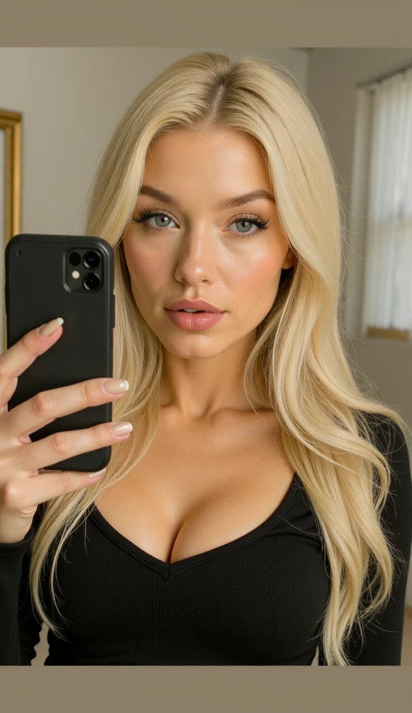 (best quality:1.5), (artwork:1.5), (detailed:1.5), high quality half body selfie portrait, realistic blonde latin woman, Perfect Face, long blonde hair, Perfect Face, Beautiful realistic model,