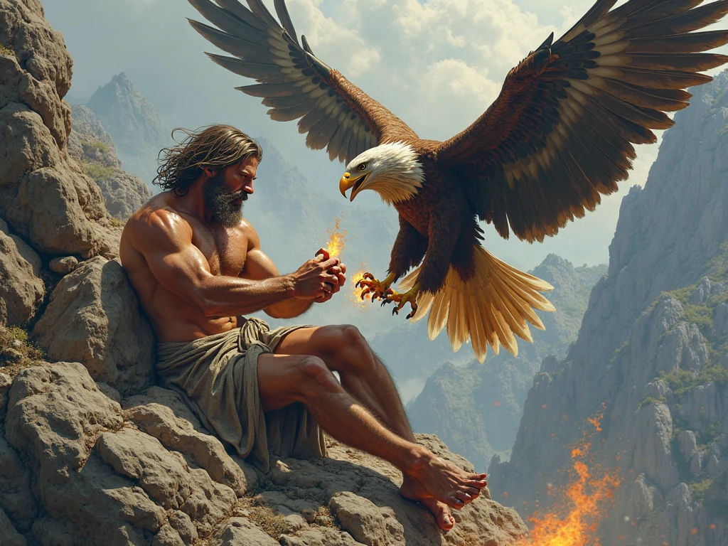  Prometheus chained to a rock, with an eagle flying overhead, ready to torment him, as he holds a burning flame.