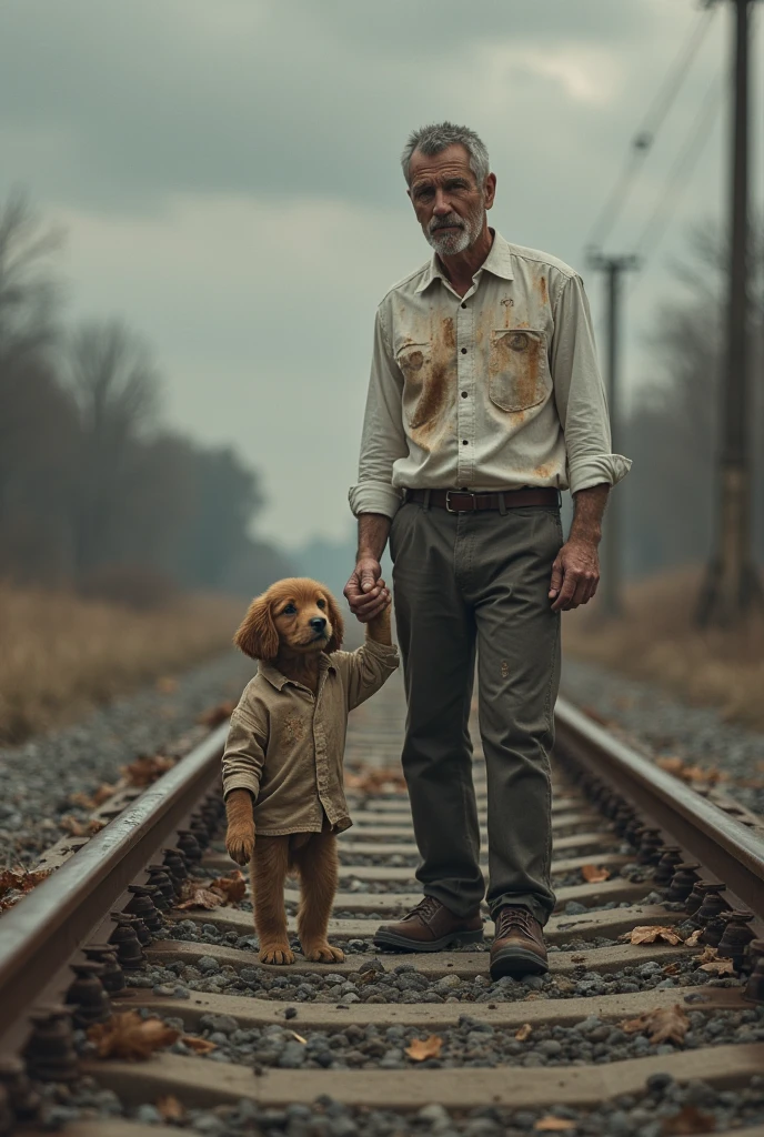 A bony white dog crying, dressed in a pink blouse and blue jeans, walking with a child in the rain