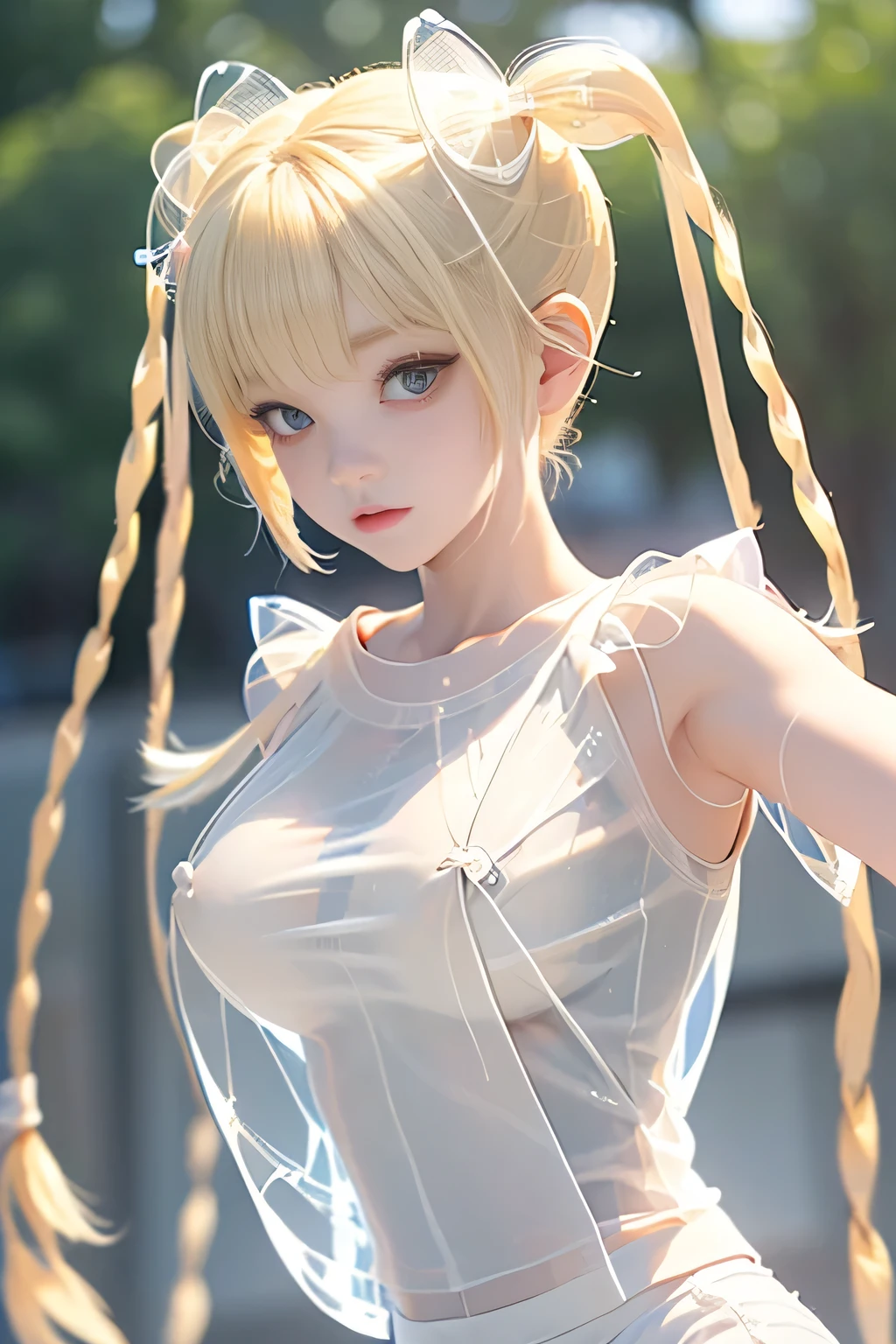 Optimal，masterpiece，High resolution，highest quality，hyper hd，Super detailed，award-winning，16k，alone，（Upper body），correct anatomy，beautiful cyberpunk girl，cowboy shot、cute face，，blonde、long hair、twin tails、Braid, hair line，（（scarlet eyes）），long eyelashes，drooping corners of the eyes，white skin，((Photographed from the front)), ((T-shirt:1.5)), clock top、((transparent nipples))、rocket , ((big breasts)),（because I&#39;thin），
